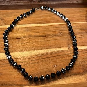 Black with White Splatter Striped Beaded Necklace